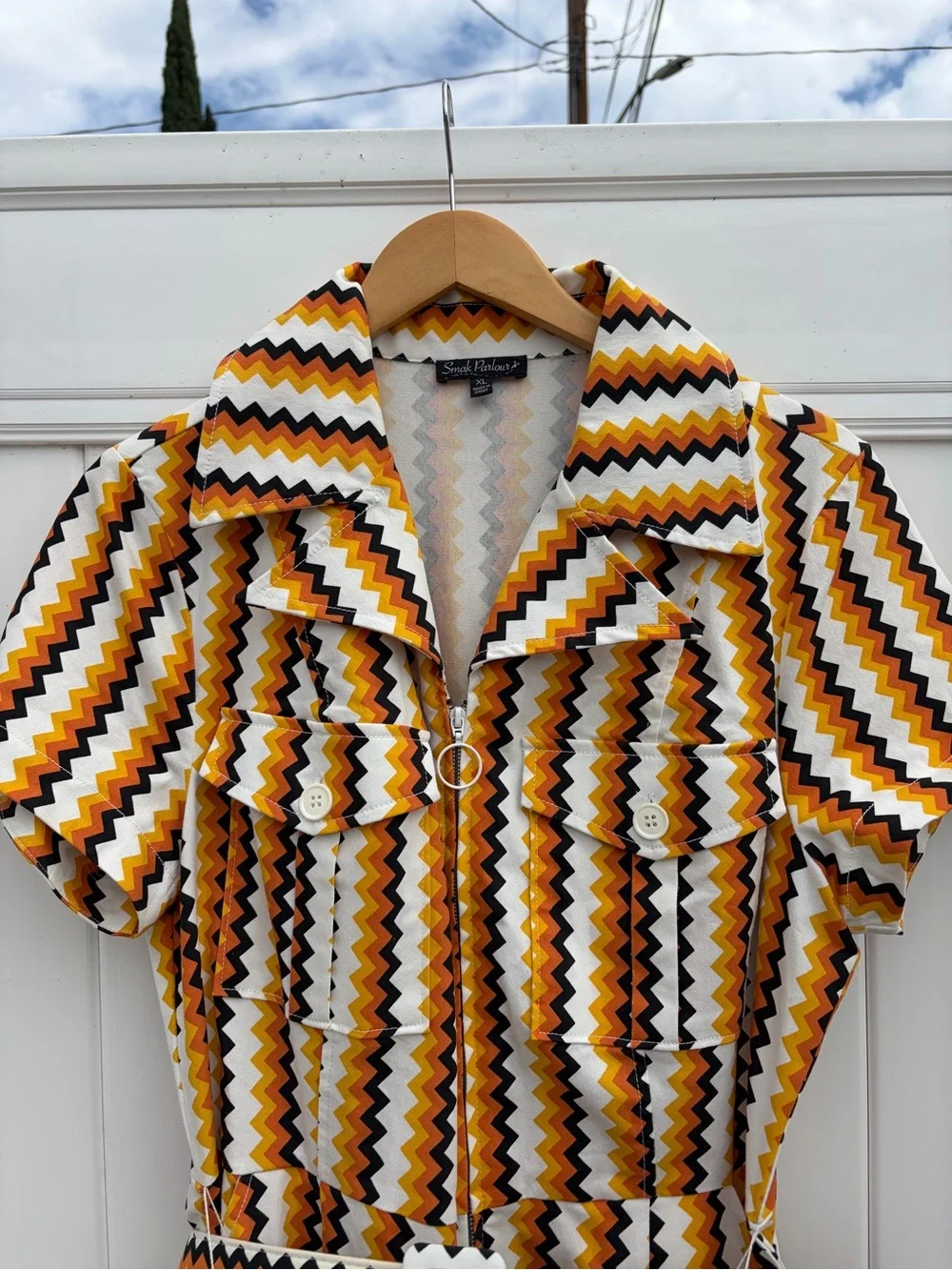 Smack Parlour Retro 1970's Chevron Belted Jumpsuit in Yellow and Brown Sz XL - Picture 2 of 9